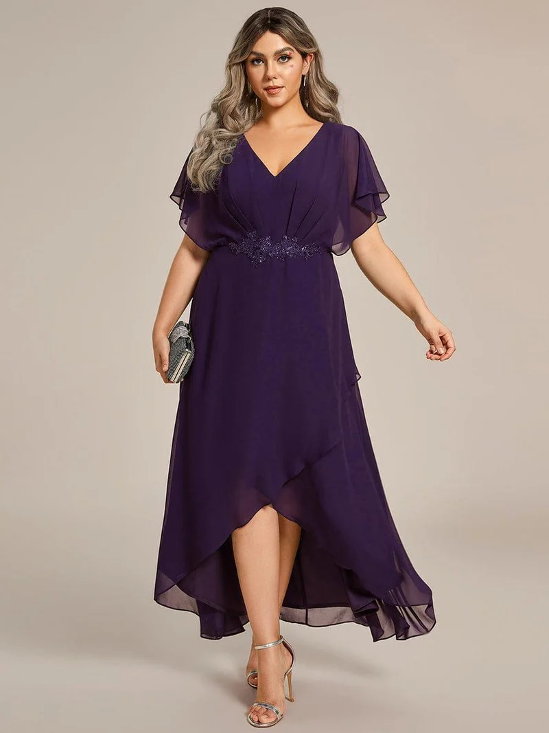 ever LILAS|Robe Formelle élégante à Manches Courtes Et Taille Trapèze Avec Ourlet En Feuille De Lotus
