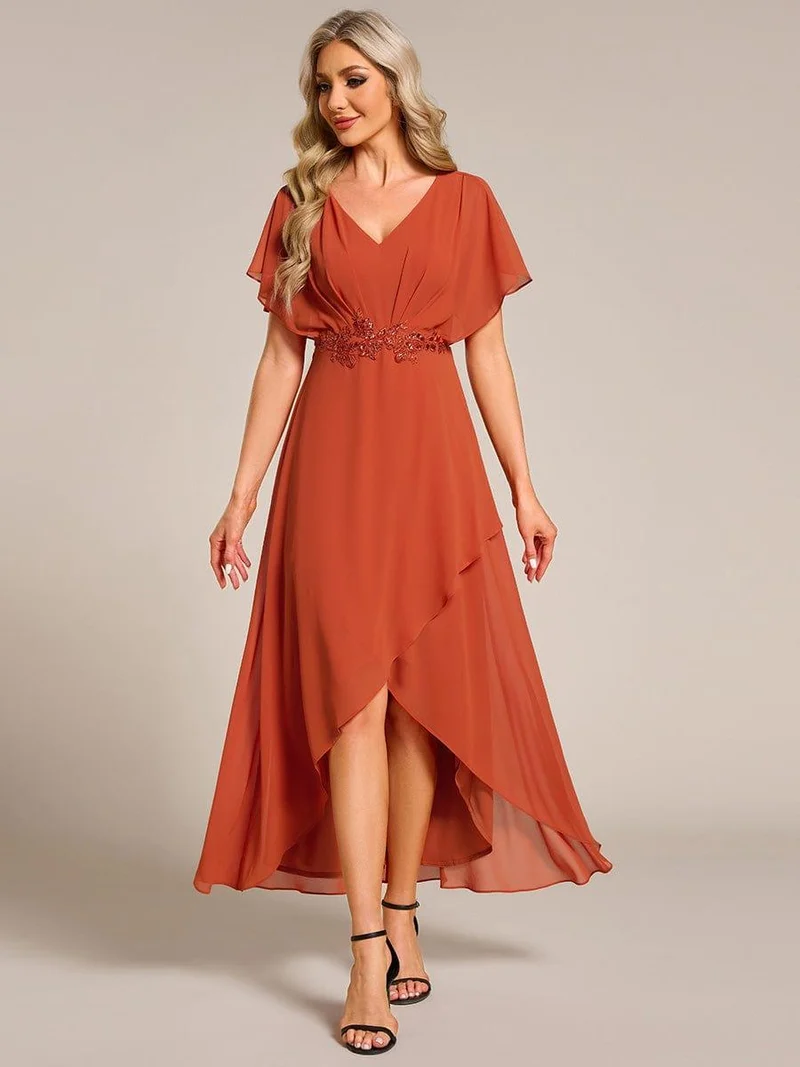 ever LILAS|Robe Formelle élégante à Manches Courtes Et Taille Trapèze Avec Ourlet En Feuille De Lotus