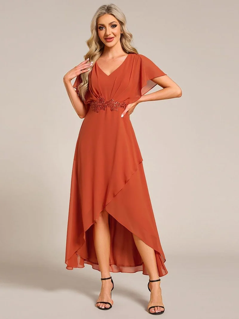 ever LILAS|Robe Formelle élégante à Manches Courtes Et Taille Trapèze Avec Ourlet En Feuille De Lotus