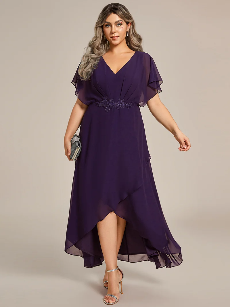 ever LILAS|Robe Formelle élégante à Manches Courtes Et Taille Trapèze Avec Ourlet En Feuille De Lotus