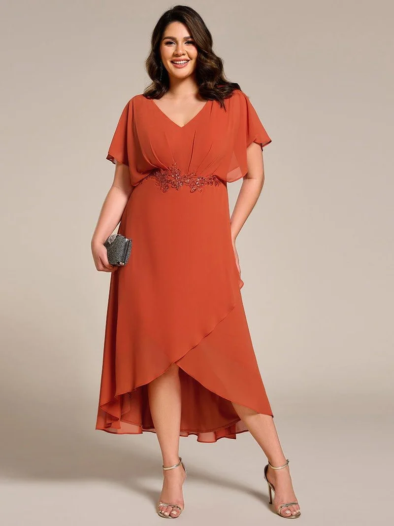 ever LILAS|Robe Formelle élégante à Manches Courtes Et Taille Trapèze Avec Ourlet En Feuille De Lotus