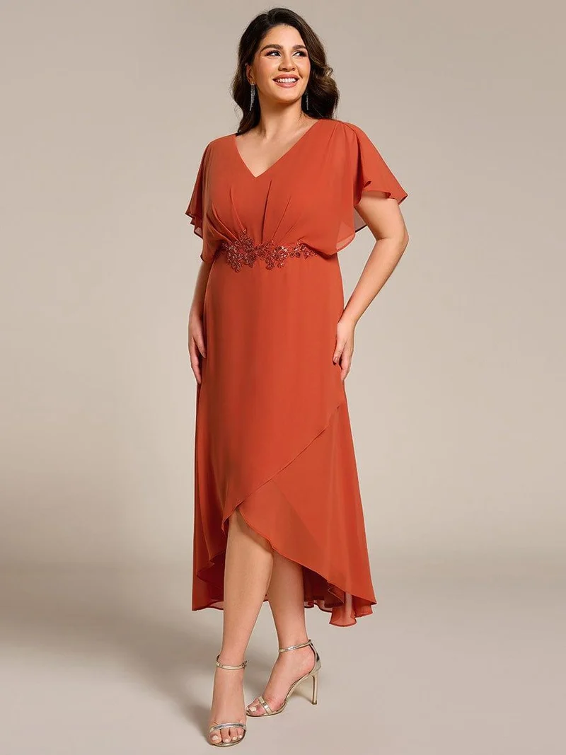ever LILAS|Robe Formelle élégante à Manches Courtes Et Taille Trapèze Avec Ourlet En Feuille De Lotus