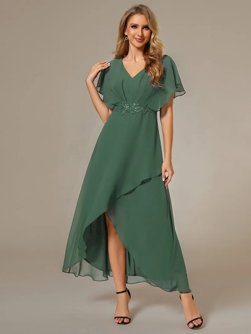 ever LILAS|Robe Formelle élégante à Manches Courtes Et Taille Trapèze Avec Ourlet En Feuille De Lotus