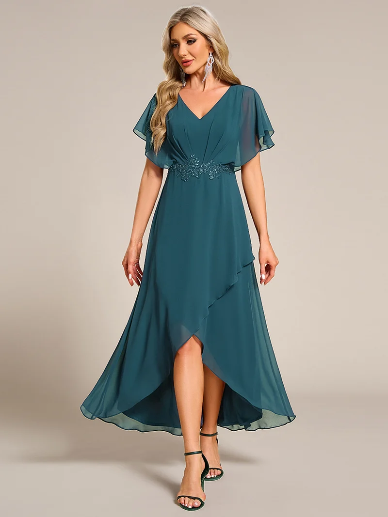 ever LILAS|Robe Formelle élégante à Manches Courtes Et Taille Trapèze Avec Ourlet En Feuille De Lotus