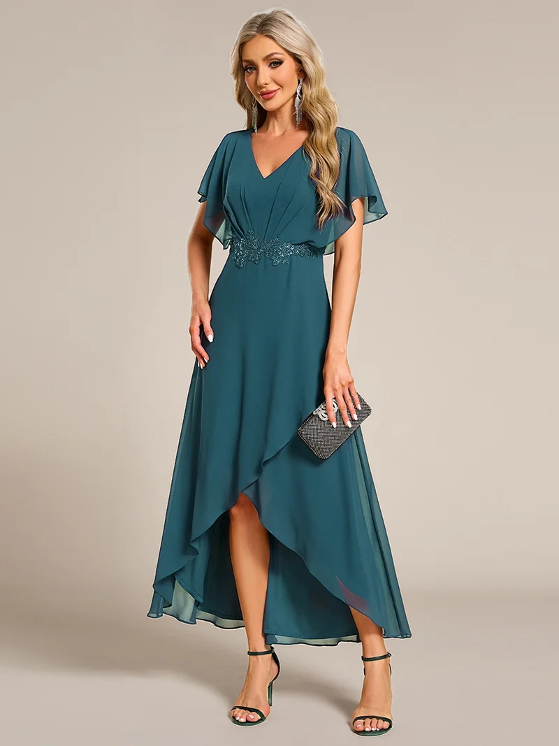 ever LILAS|Robe Formelle élégante à Manches Courtes Et Taille Trapèze Avec Ourlet En Feuille De Lotus