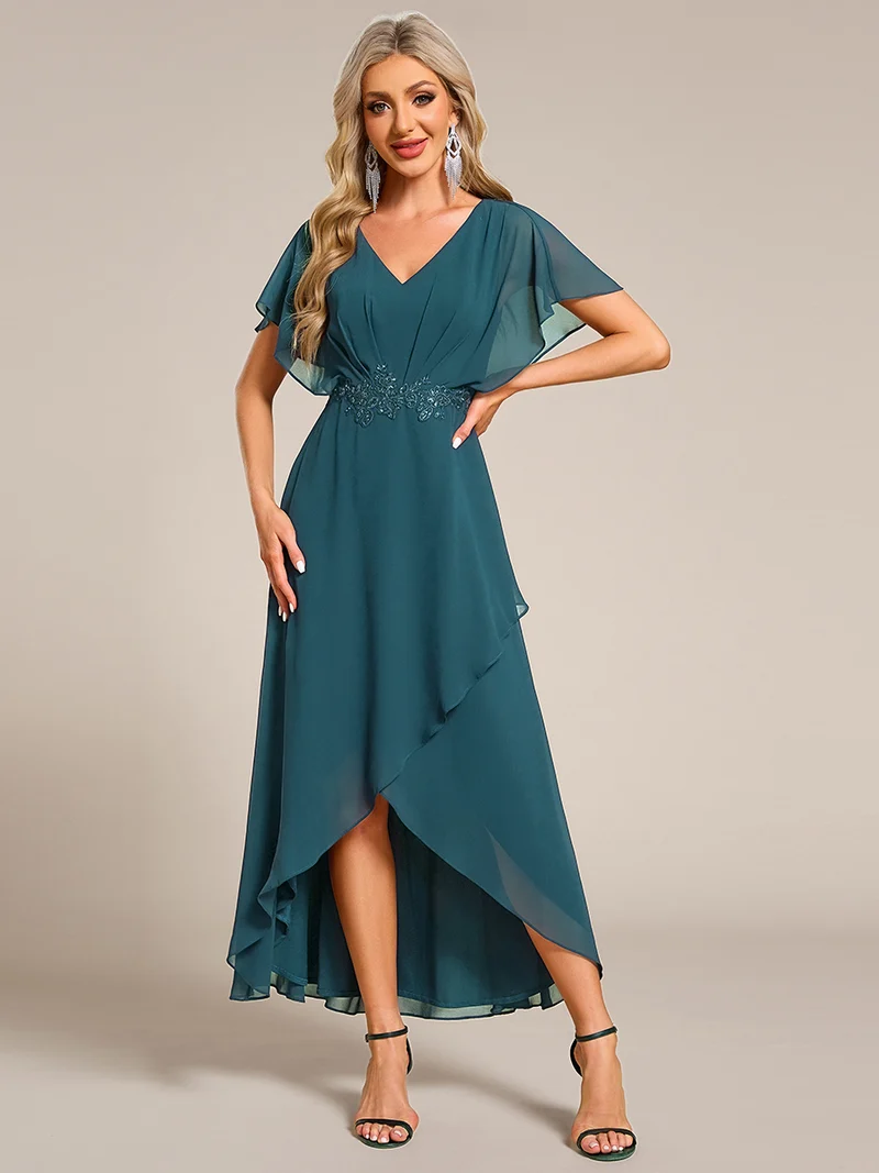 ever LILAS|Robe Formelle élégante à Manches Courtes Et Taille Trapèze Avec Ourlet En Feuille De Lotus