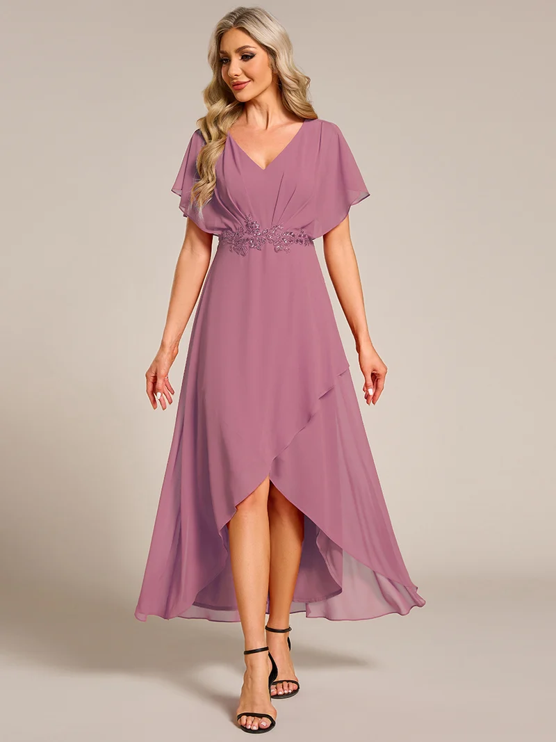 ever LILAS|Robe Formelle élégante à Manches Courtes Et Taille Trapèze Avec Ourlet En Feuille De Lotus