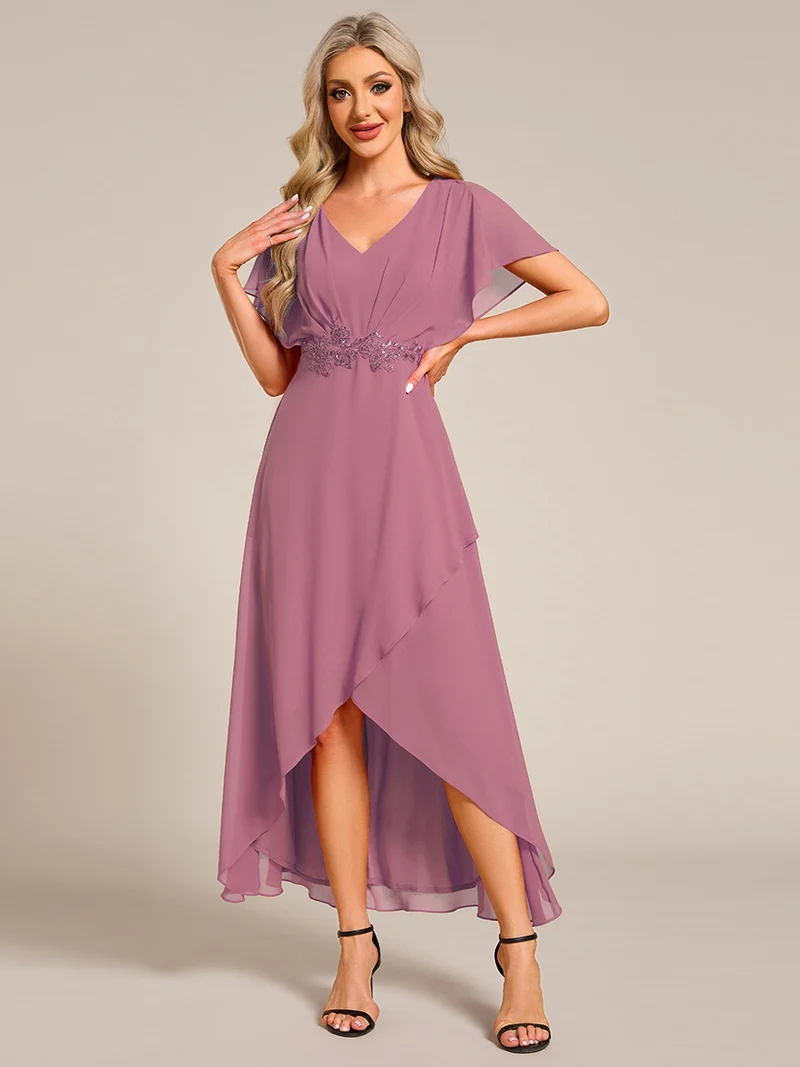 ever LILAS|Robe Formelle élégante à Manches Courtes Et Taille Trapèze Avec Ourlet En Feuille De Lotus