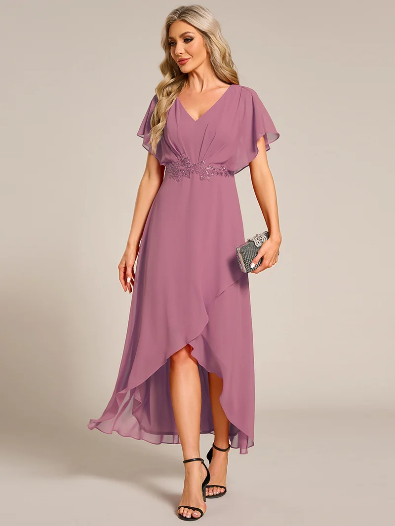ever LILAS|Robe Formelle élégante à Manches Courtes Et Taille Trapèze Avec Ourlet En Feuille De Lotus