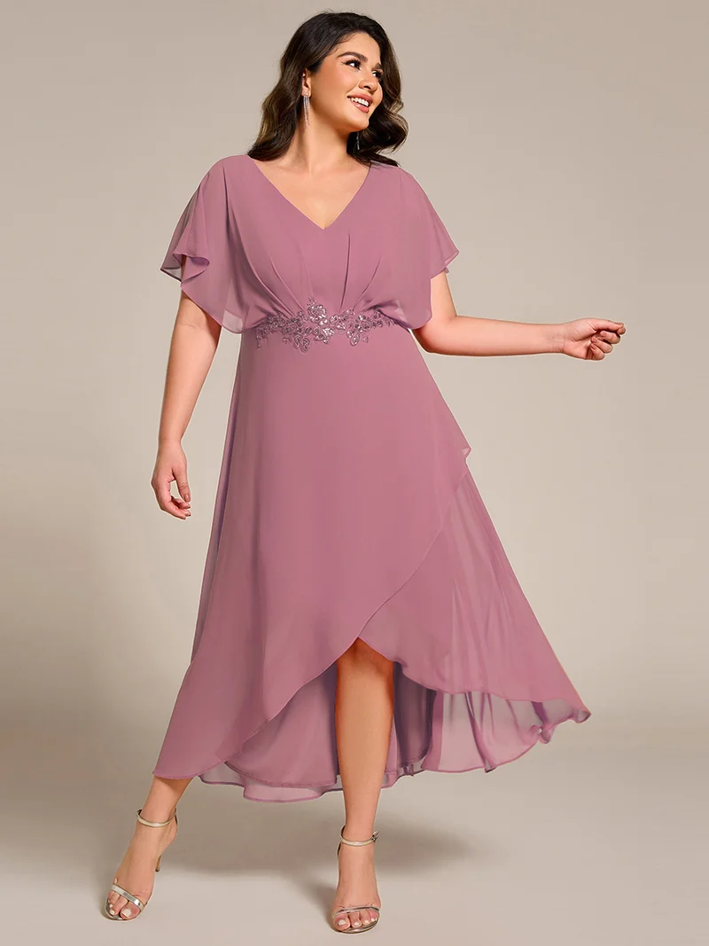 ever LILAS|Robe Formelle élégante à Manches Courtes Et Taille Trapèze Avec Ourlet En Feuille De Lotus