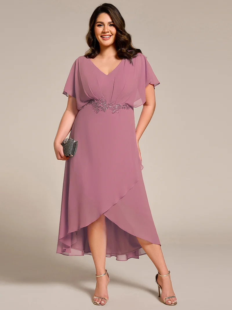 ever LILAS|Robe Formelle élégante à Manches Courtes Et Taille Trapèze Avec Ourlet En Feuille De Lotus