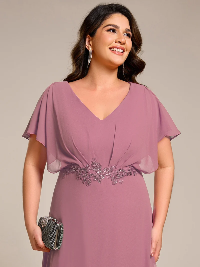 ever LILAS|Robe Formelle élégante à Manches Courtes Et Taille Trapèze Avec Ourlet En Feuille De Lotus