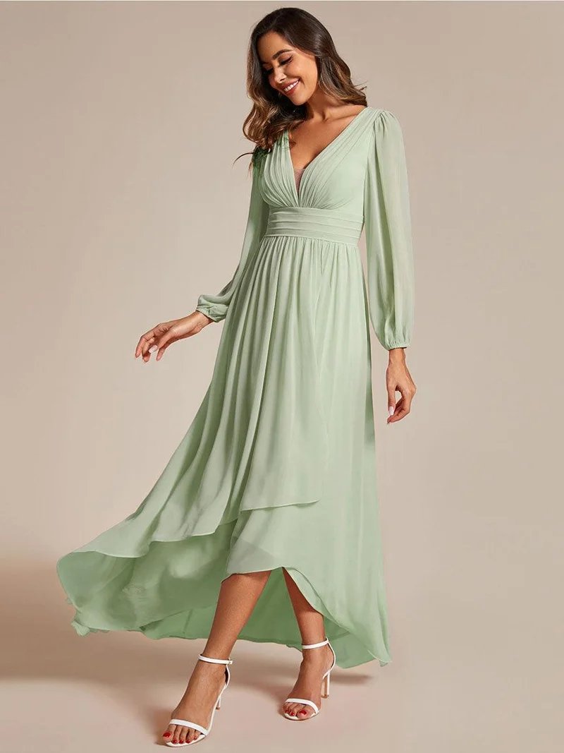 ever GRIFFIN|Charmante Robe De Demoiselle D'honneur Plissée à Manches Lanternes En Mousseline De Soie Et Taille Haute(Vente Finale)