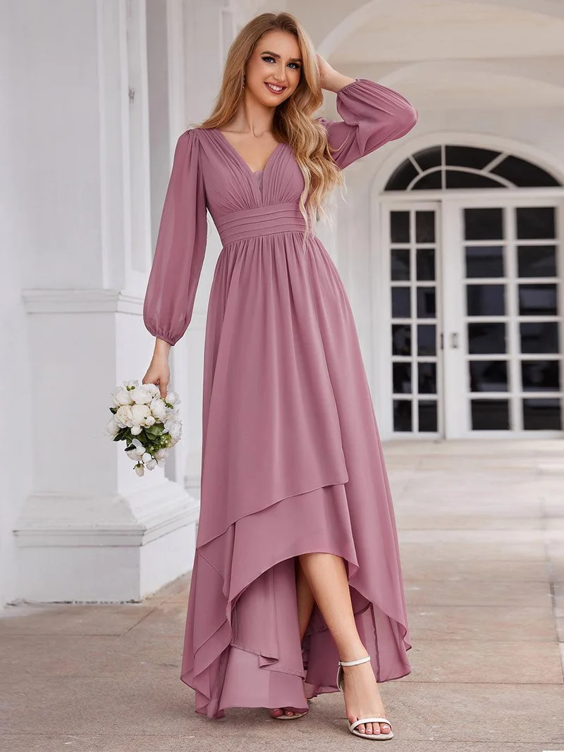 ever GRIFFIN|Charmante Robe De Demoiselle D'honneur Plissée à Manches Lanternes En Mousseline De Soie Et Taille Haute(Vente Finale)