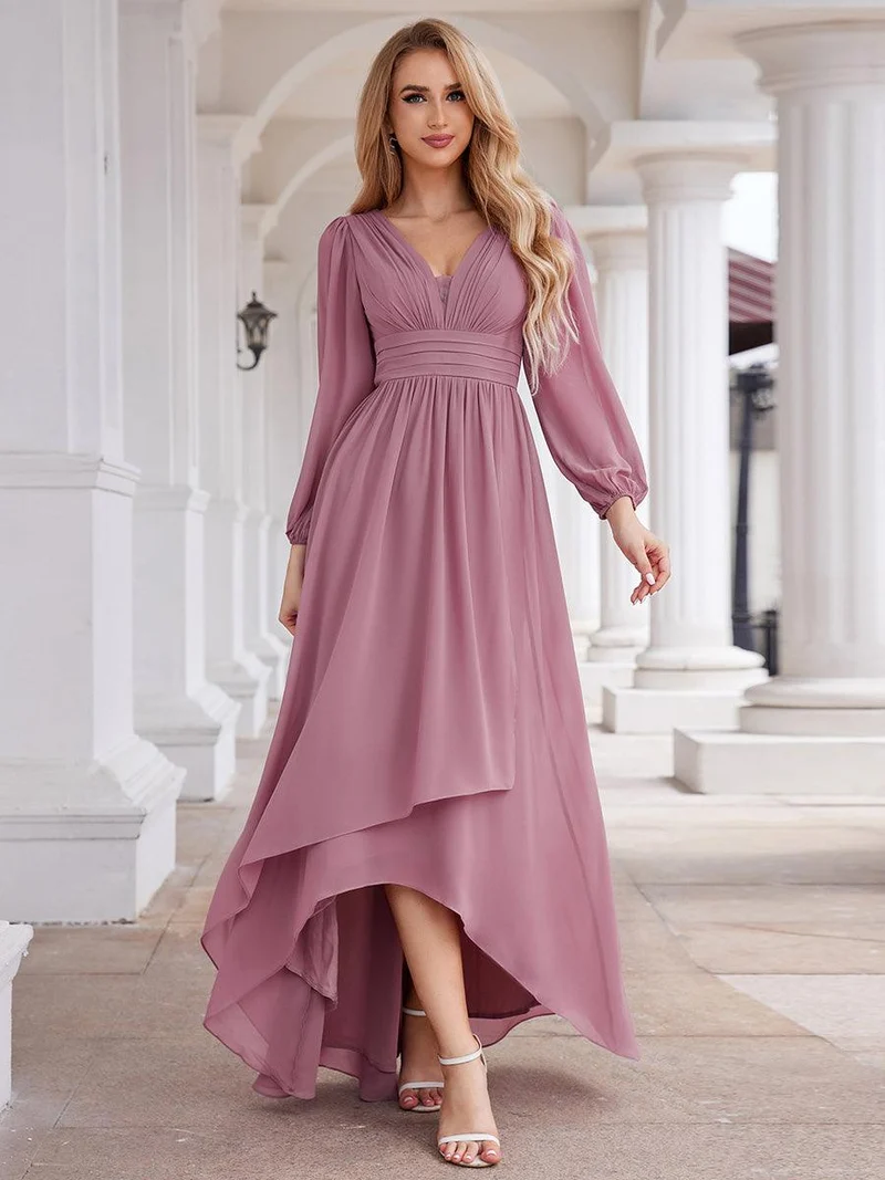 ever GRIFFIN|Charmante Robe De Demoiselle D'honneur Plissée à Manches Lanternes En Mousseline De Soie Et Taille Haute(Vente Finale)