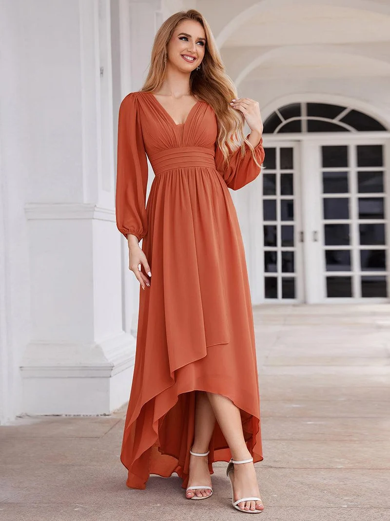 ever GRIFFIN|Charmante Robe De Demoiselle D'honneur Plissée à Manches Lanternes En Mousseline De Soie Et Taille Haute(Vente Finale)