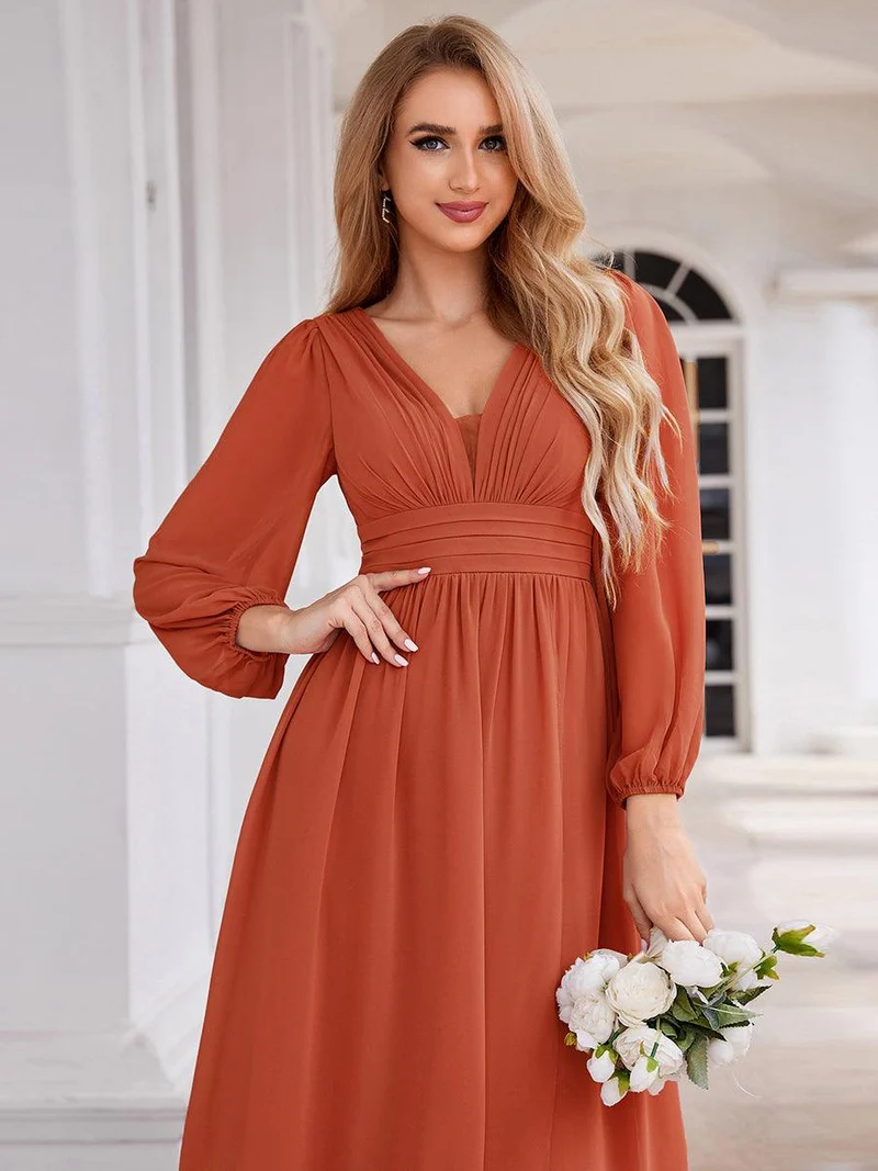 ever GRIFFIN|Charmante Robe De Demoiselle D'honneur Plissée à Manches Lanternes En Mousseline De Soie Et Taille Haute(Vente Finale)
