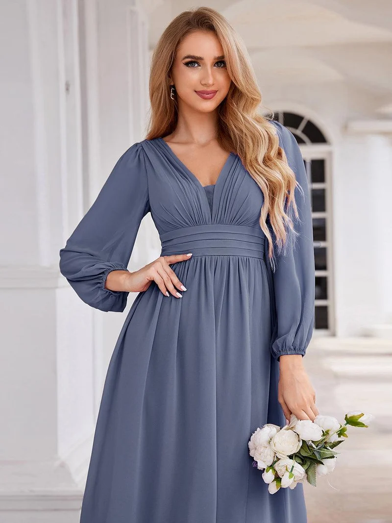 ever GRIFFIN|Charmante Robe De Demoiselle D'honneur Plissée à Manches Lanternes En Mousseline De Soie Et Taille Haute(Vente Finale)