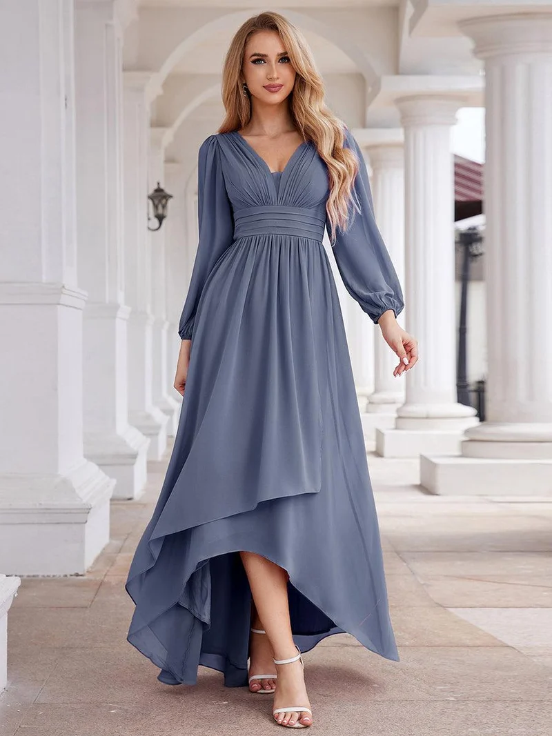 ever GRIFFIN|Charmante Robe De Demoiselle D'honneur Plissée à Manches Lanternes En Mousseline De Soie Et Taille Haute(Vente Finale)