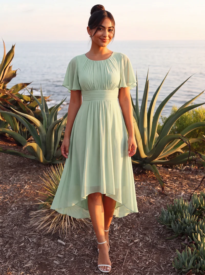 ever EDEN|Robe d'invité de mariage trapèze en mousseline fluide à encolure ronde et longueur au genou