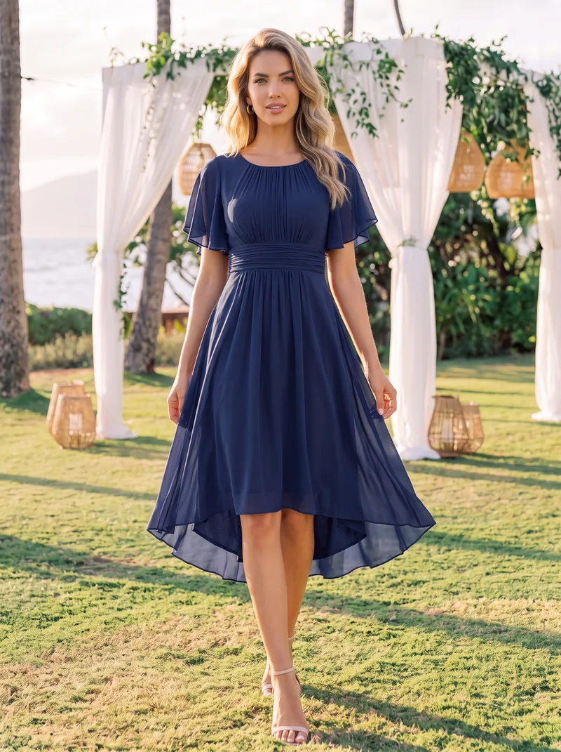 ever EDEN|Robe d'invité de mariage trapèze en mousseline fluide à encolure ronde et longueur au genou