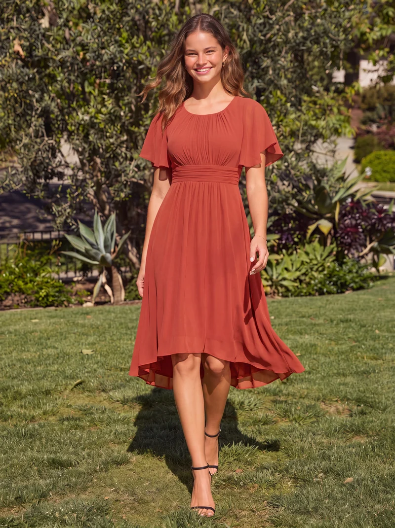 ever EDEN|Robe d'invité de mariage trapèze en mousseline fluide à encolure ronde et longueur au genou