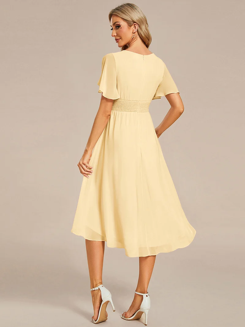 ever EDEN|Robe d'invité de mariage trapèze en mousseline fluide à encolure ronde et longueur au genou