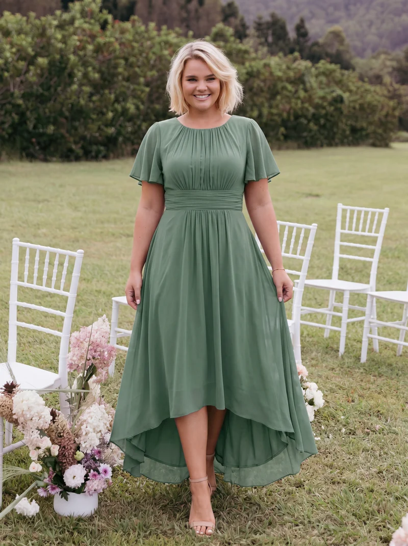 ever EDEN|Robe d'invité de mariage trapèze en mousseline fluide à encolure ronde et longueur au genou