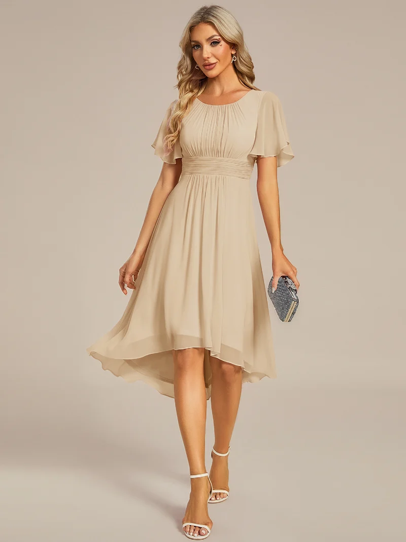 ever EDEN|Robe d'invité de mariage trapèze en mousseline fluide à encolure ronde et longueur au genou