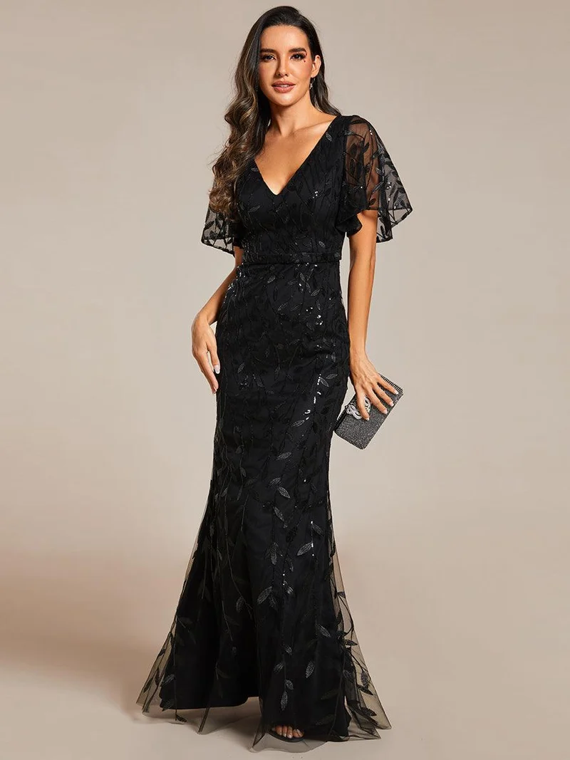 ever DIONE|Robe de soirée en queue de poisson à paillettes et feuilles à col en V