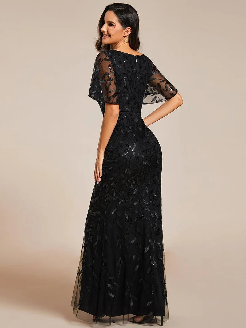 ever DIONE|Robe de soirée en queue de poisson à paillettes et feuilles à col en V