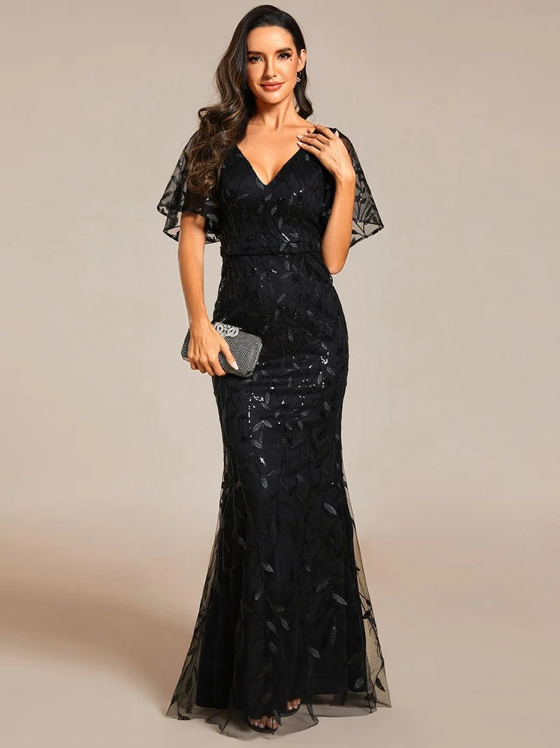 ever DIONE|Robe de soirée en queue de poisson à paillettes et feuilles à col en V