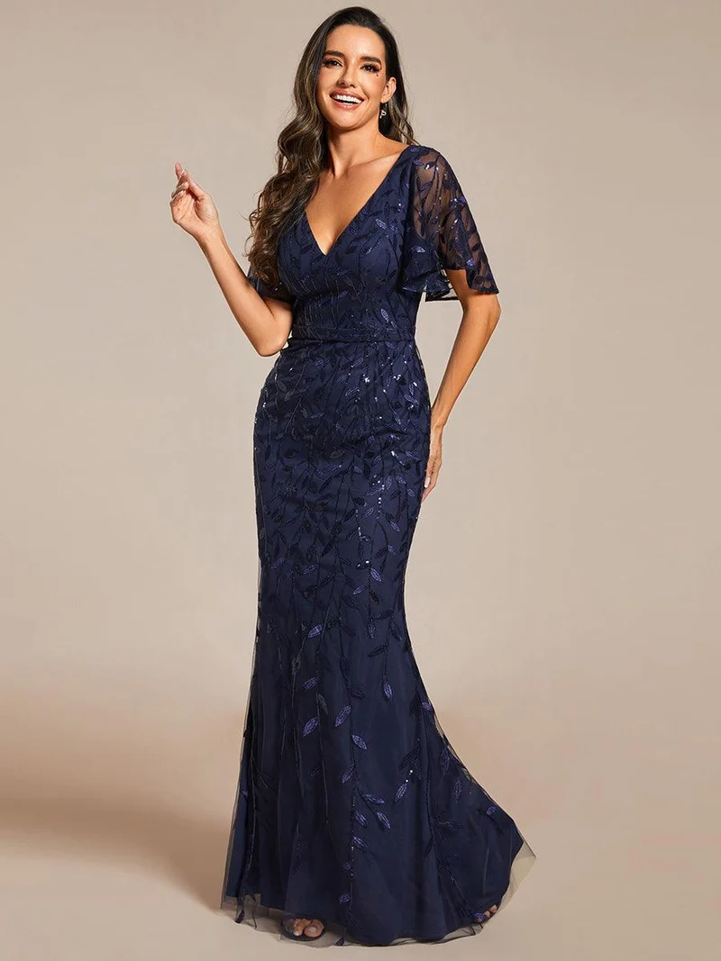 ever DIONE|Robe de soirée en queue de poisson à paillettes et feuilles à col en V