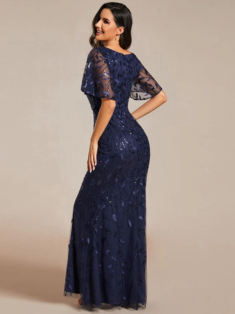 ever DIONE|Robe de soirée en queue de poisson à paillettes et feuilles à col en V