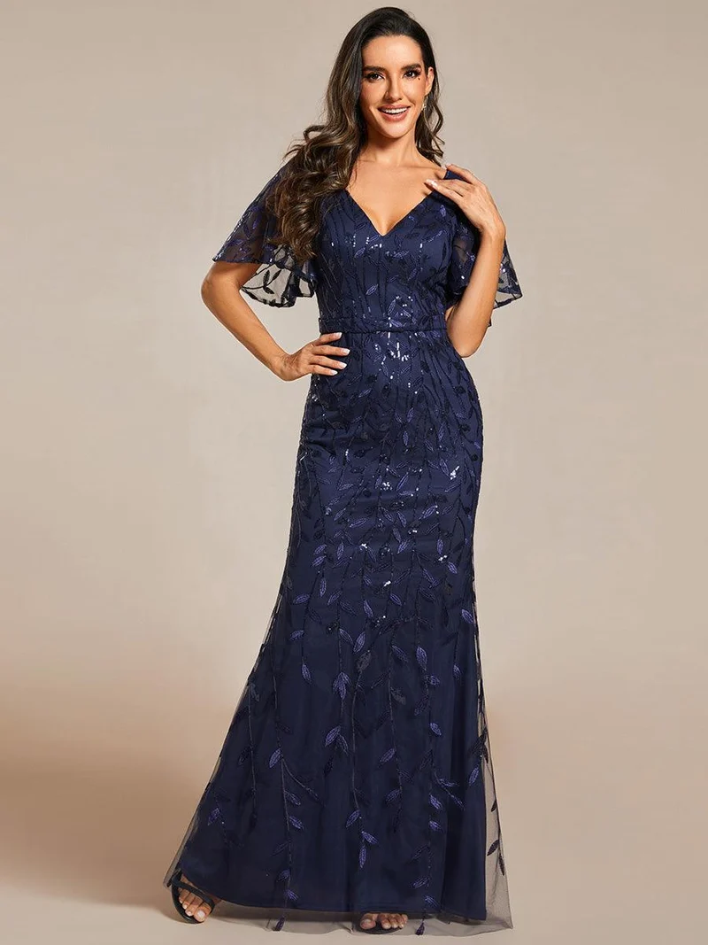ever DIONE|Robe de soirée en queue de poisson à paillettes et feuilles à col en V