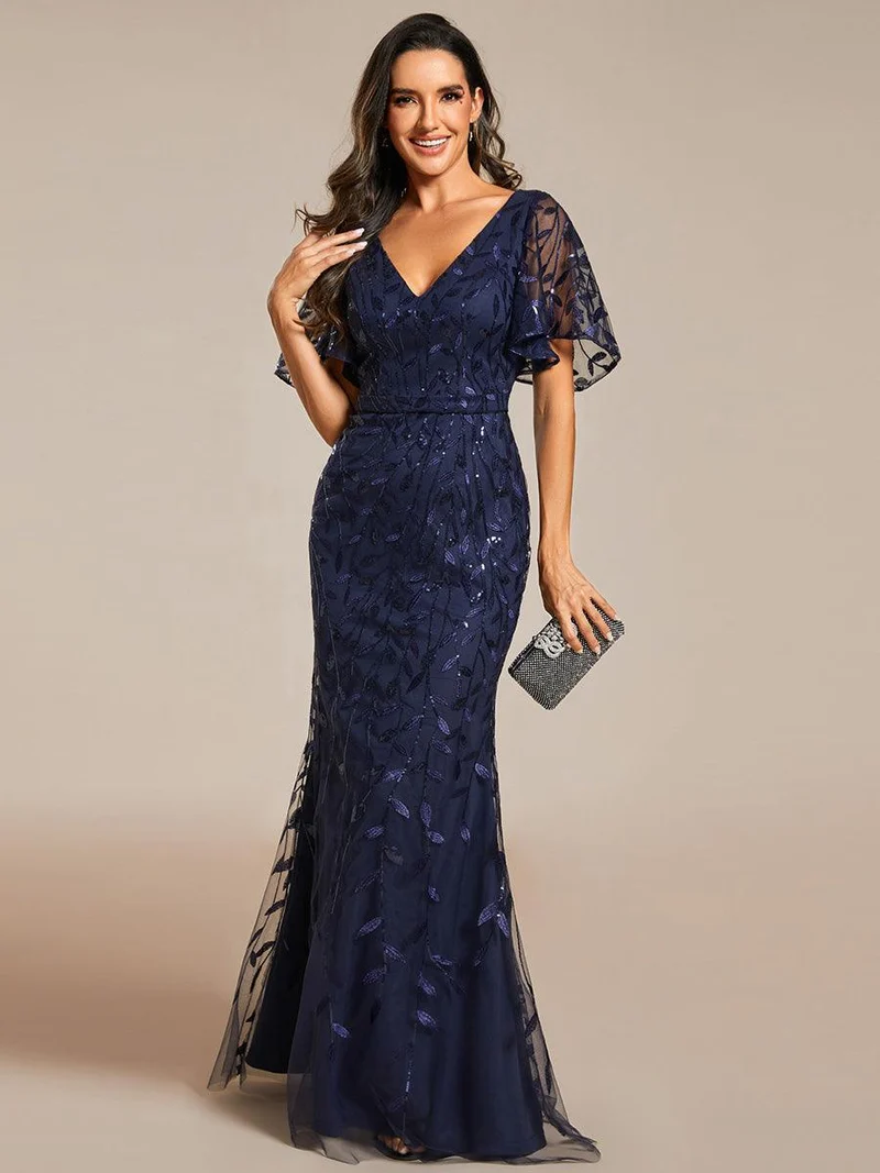 ever DIONE|Robe de soirée en queue de poisson à paillettes et feuilles à col en V