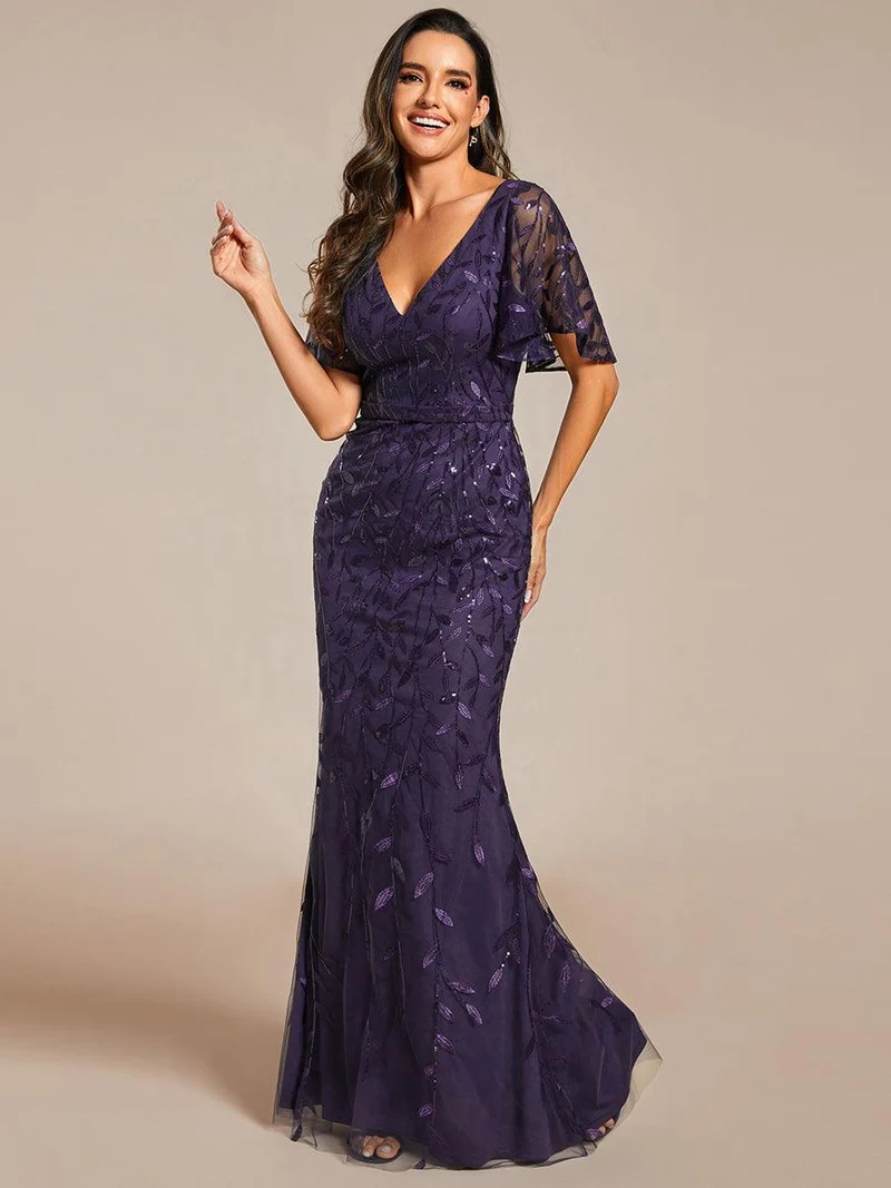 ever DIONE|Robe de soirée en queue de poisson à paillettes et feuilles à col en V
