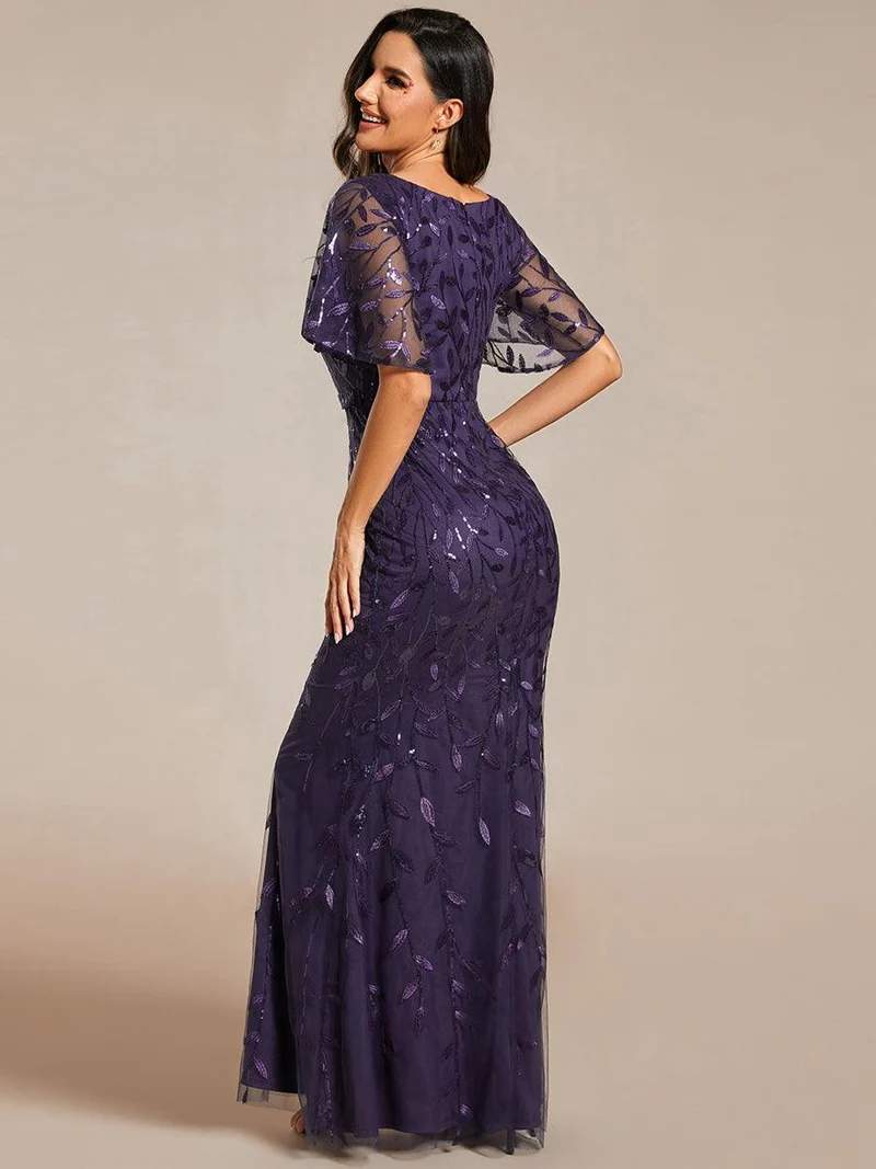 ever DIONE|Robe de soirée en queue de poisson à paillettes et feuilles à col en V