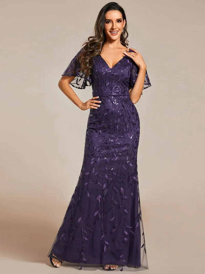 ever DIONE|Robe de soirée en queue de poisson à paillettes et feuilles à col en V