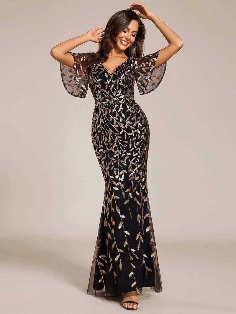 ever DIONE|Robe de soirée en queue de poisson à paillettes et feuilles à col en V