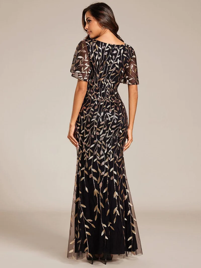 ever DIONE|Robe de soirée en queue de poisson à paillettes et feuilles à col en V