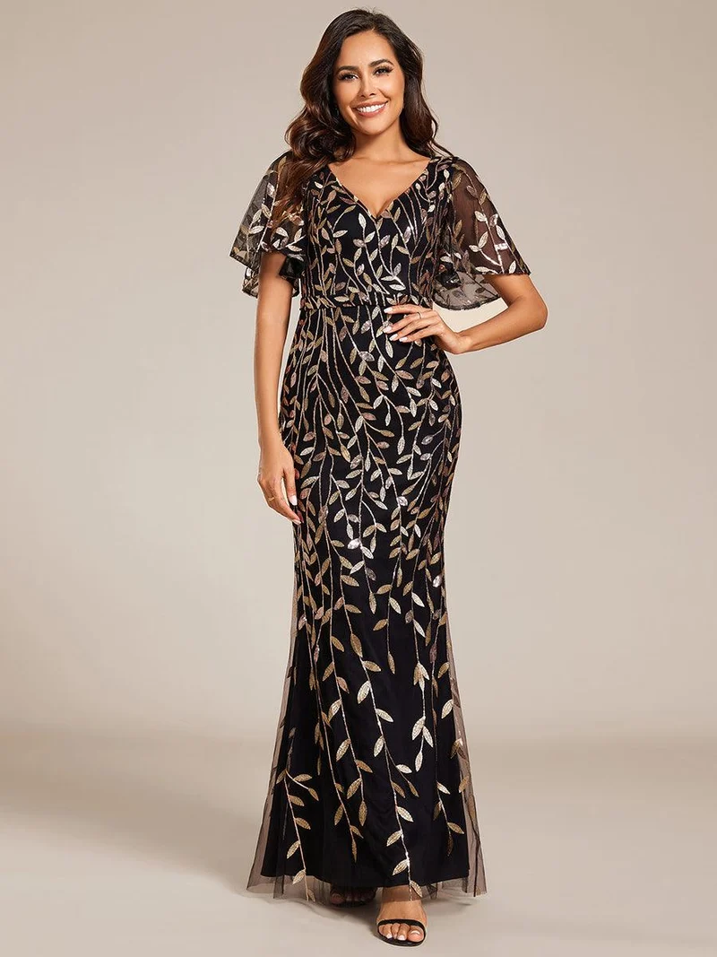 ever DIONE|Robe de soirée en queue de poisson à paillettes et feuilles à col en V