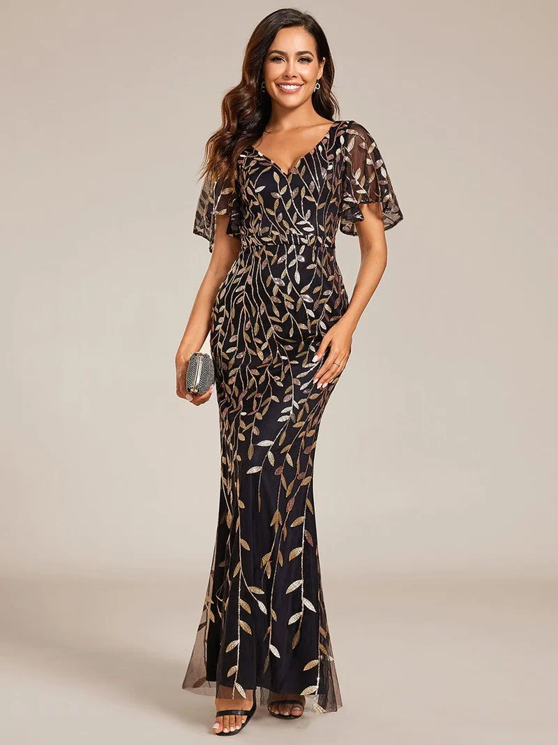ever DIONE|Robe de soirée en queue de poisson à paillettes et feuilles à col en V