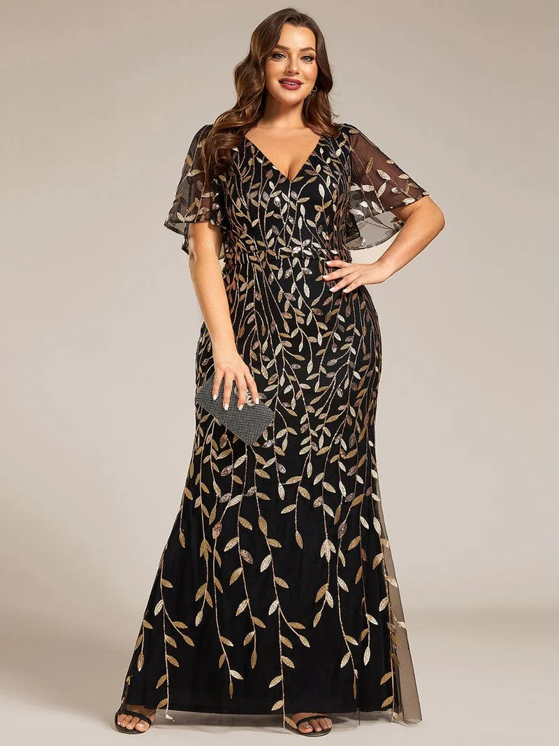 ever DIONE|Robe de soirée en queue de poisson à paillettes et feuilles à col en V