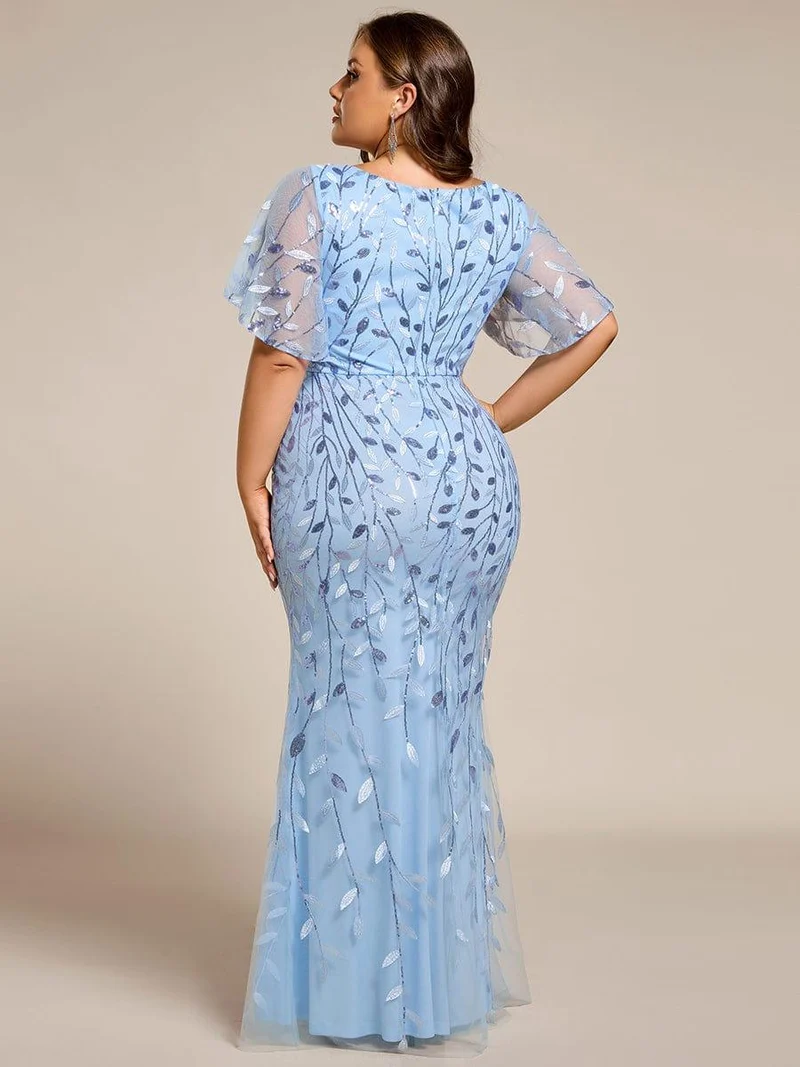 ever DIONE|Robe de soirée en queue de poisson à paillettes et feuilles à col en V