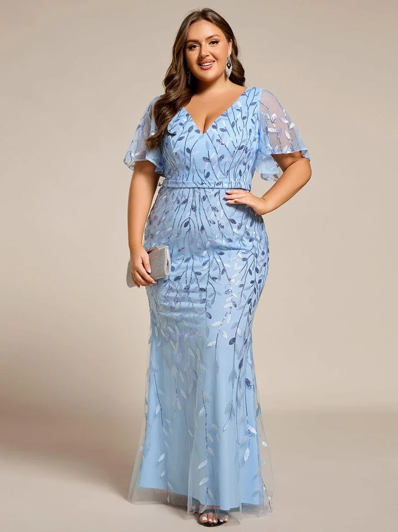 ever DIONE|Robe de soirée en queue de poisson à paillettes et feuilles à col en V