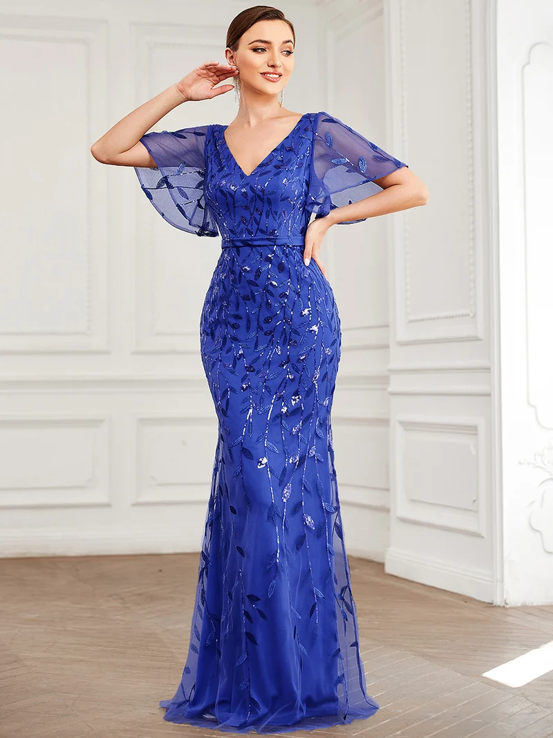 ever DIONE|Robe de soirée en queue de poisson à paillettes et feuilles à col en V