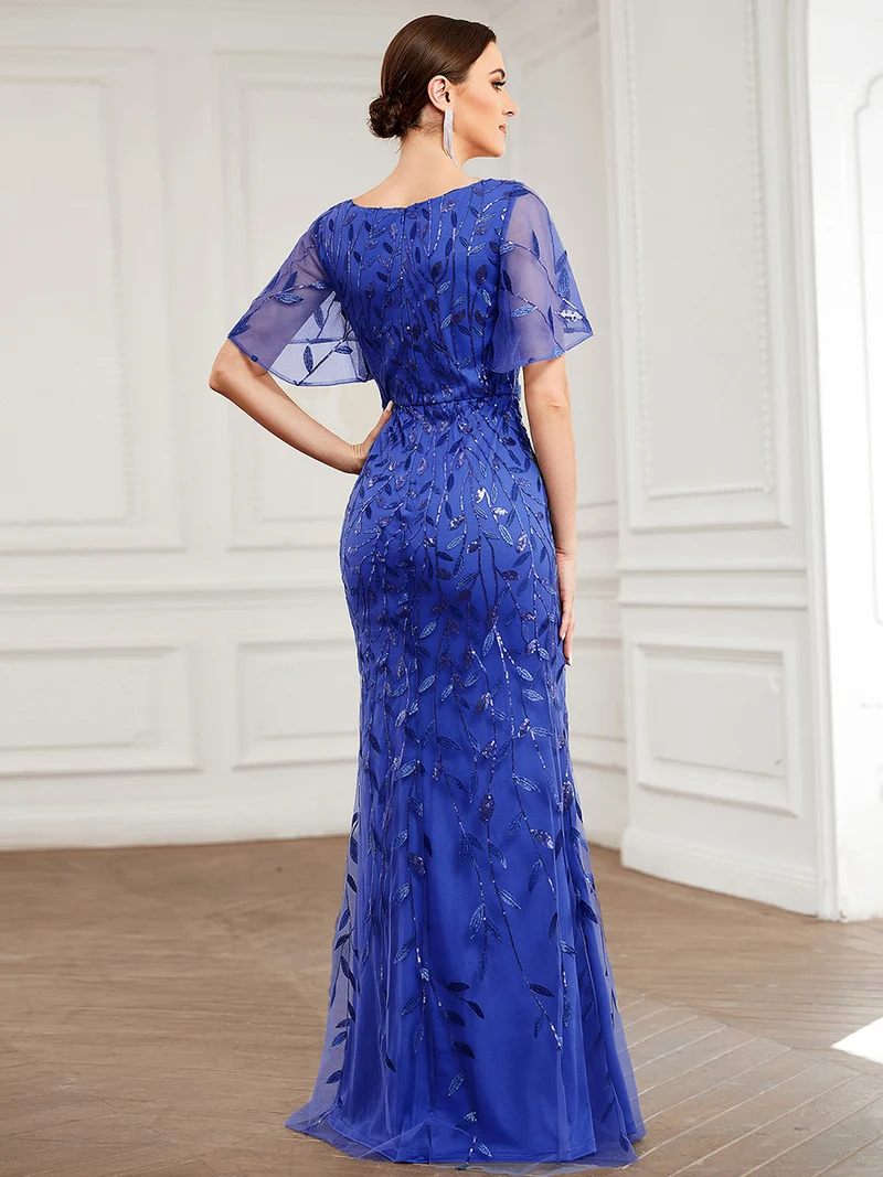 ever DIONE|Robe de soirée en queue de poisson à paillettes et feuilles à col en V