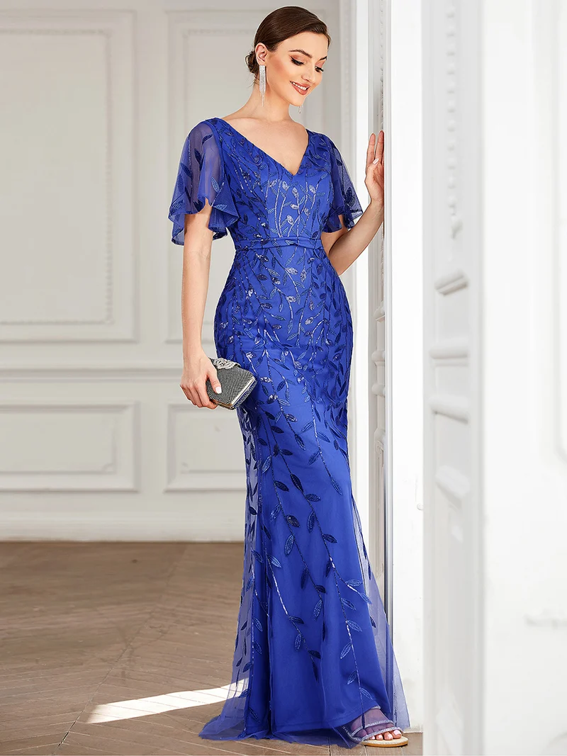ever DIONE|Robe de soirée en queue de poisson à paillettes et feuilles à col en V
