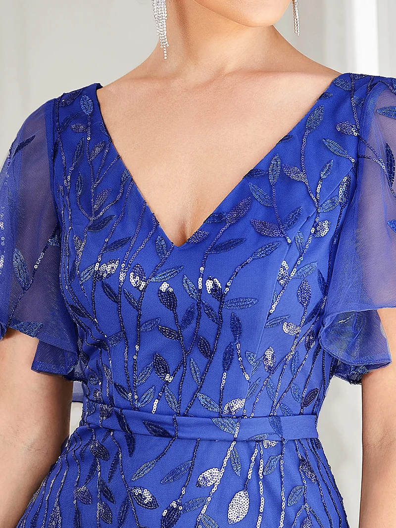 ever DIONE|Robe de soirée en queue de poisson à paillettes et feuilles à col en V